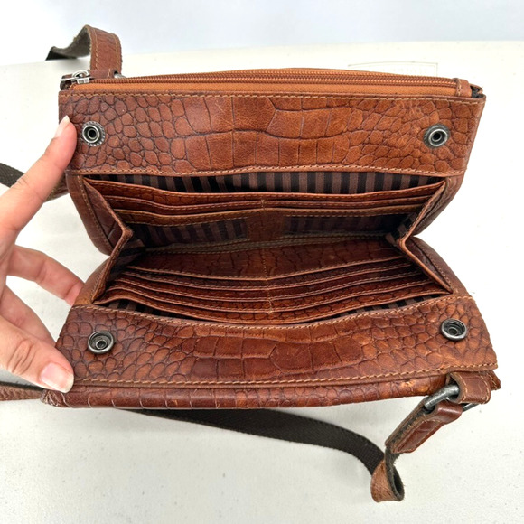 Jack Georges Hornback Croco Buffalo Leather Crossbody Purse Brown Snap Card Slot - Picture 8 of 11